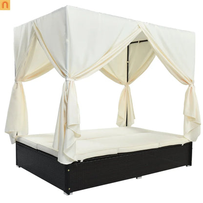 Chaise Lounge Double Daybed Steel HDPE Beige Curtain 6 Position 2 Person