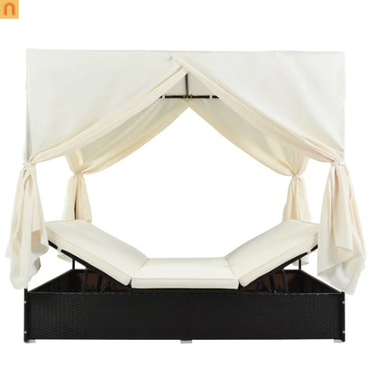 Chaise Lounge Double Daybed Steel HDPE Beige Curtain 6 Position 2 Person