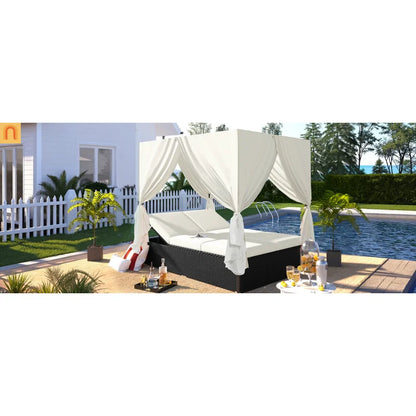 Chaise Lounge Double Daybed Steel HDPE Beige Curtain 6 Position 2 Person
