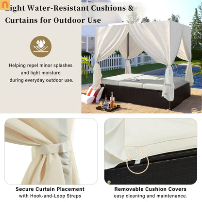 Chaise Lounge Double Daybed Steel HDPE Beige Curtain 6 Position 2 Person