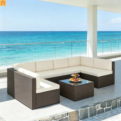 Outdoor Sectional Set PE Rattan Metal Cream Black 7 Piece Seats 6 264 LB