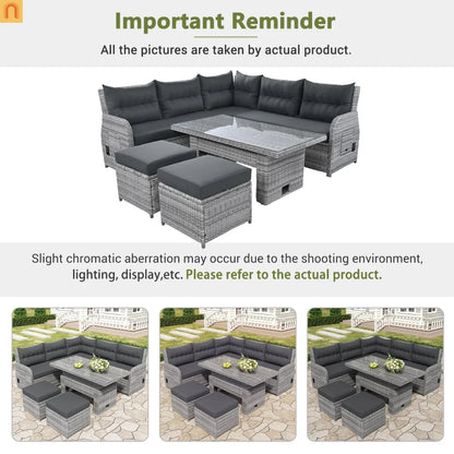 Outdoor Patio Set Rattan Iron Gray Recliner Adjustable Table 6 Piece