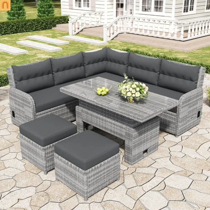 Outdoor Patio Set Rattan Iron Gray Recliner Adjustable Table 6 Piece