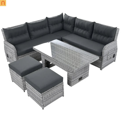 Outdoor Patio Set Rattan Iron Gray Recliner Adjustable Table 6 Piece