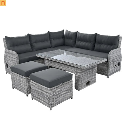 Outdoor Patio Set Rattan Iron Gray Recliner Adjustable Table 6 Piece