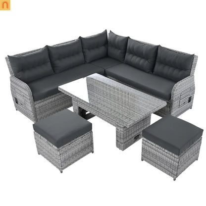 Outdoor Patio Set Rattan Iron Gray Recliner Adjustable Table 6 Piece