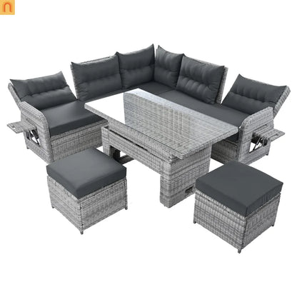 Outdoor Patio Set Rattan Iron Gray Recliner Adjustable Table 6 Piece