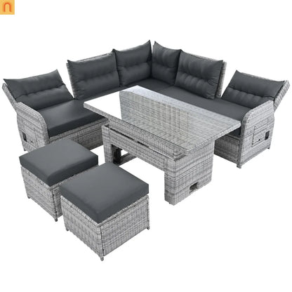Outdoor Patio Set Rattan Iron Gray Recliner Adjustable Table 6 Piece