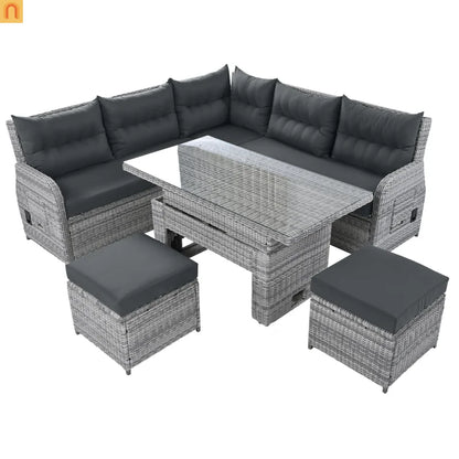 Outdoor Patio Set Rattan Iron Gray Recliner Adjustable Table 6 Piece