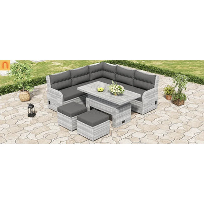Outdoor Patio Set Rattan Iron Gray Recliner Adjustable Table 6 Piece