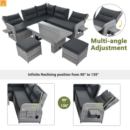 Outdoor Patio Set Rattan Iron Gray Recliner Adjustable Table 6 Piece