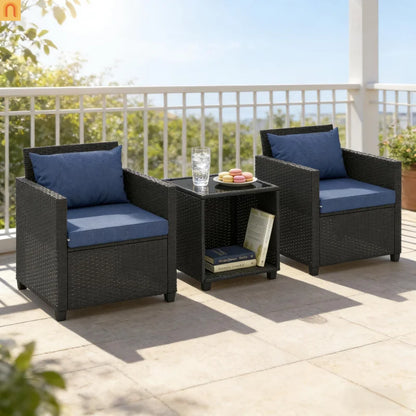 Outdoor Bistro Set PE Rattan 3 Piece Tempered Glass Table