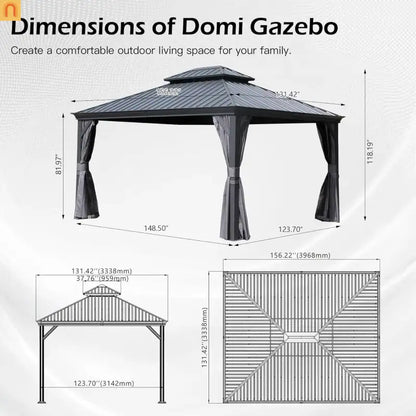 Hardtop Gazebo Steel Gray 11x13ft Curtains Netting 40MPH