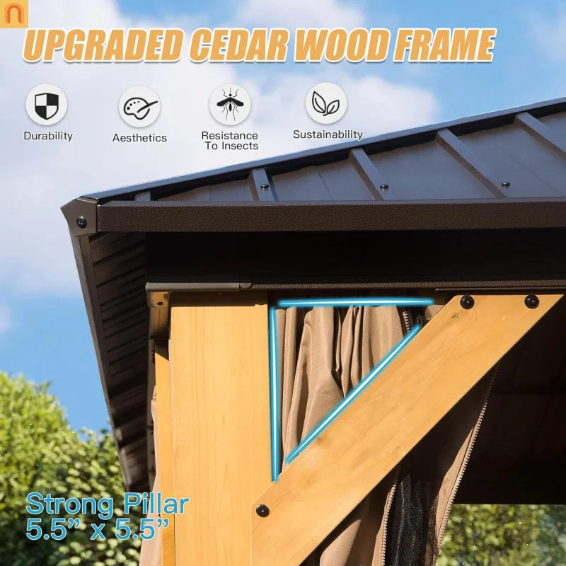 Hardtop Gazebo Cedar Wood Brown 12x16 Ft Netting 164 Sq Ft Shade