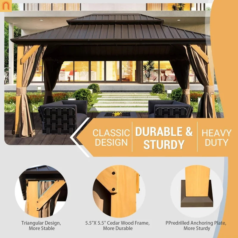 Hardtop Gazebo Cedar Wood Brown 12x16 Ft Netting 164 Sq Ft Shade