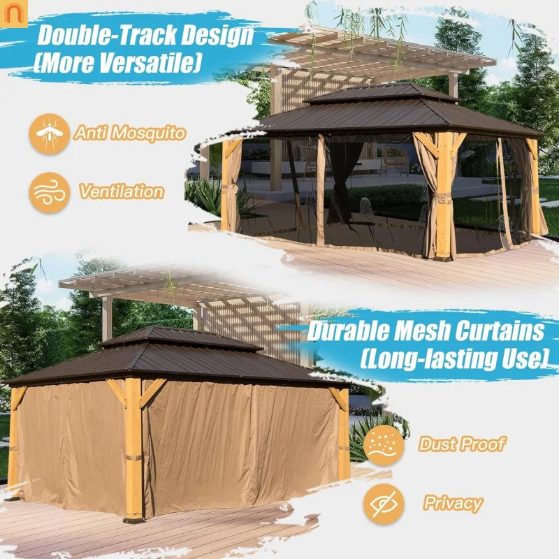 Hardtop Gazebo Cedar Wood Brown 12x16 Ft Netting 164 Sq Ft Shade