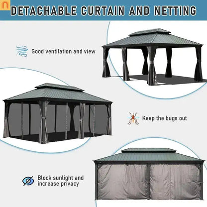 Hardtop Gazebo Aluminum Gray 14x22ft Galvanized Steel with Curtains