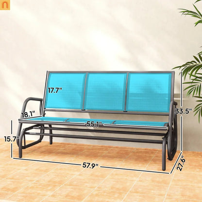 Outdoor Glider Bench 3 Seat Mesh Fabric Metal Frame Blue Gray 660 lb Cap