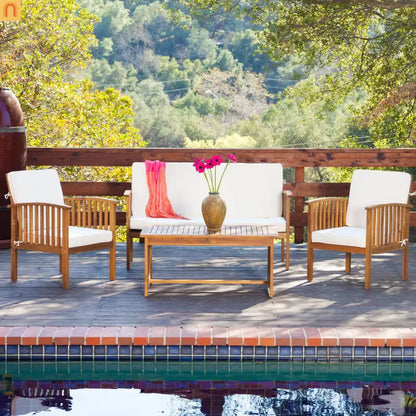Outdoor Conversation Set Acacia Wood Brown 4 Piece with Cushions
