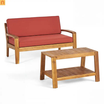 Outdoor Conversation Set Acacia Wood Teak Red Cushions 2-Piece