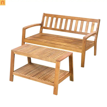 Outdoor Conversation Set Acacia Wood Teak Red Cushions 2-Piece