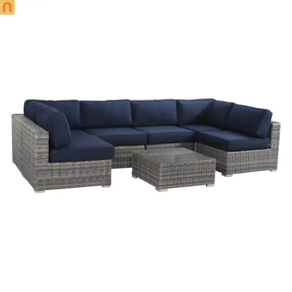 Outdoor Sectional Set Wicker Gray Navy Cushions 7 Piece Seats 6