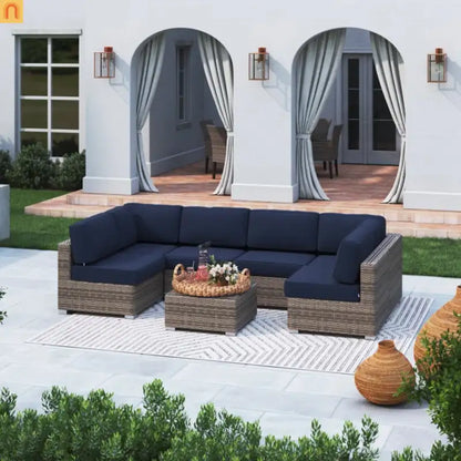 Outdoor Sectional Set Wicker Gray Navy Cushions 7 Piece Seats 6