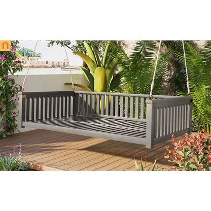 Outdoor Swing Bed Acacia Wood Gray 2-Person 350 lb Cap 79in