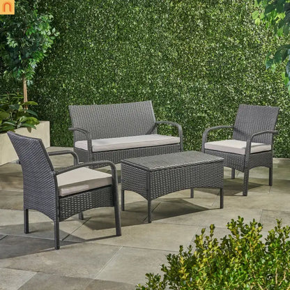 Outdoor Chat Set PE Rattan Gray 4-Piece Waterproof Cushions