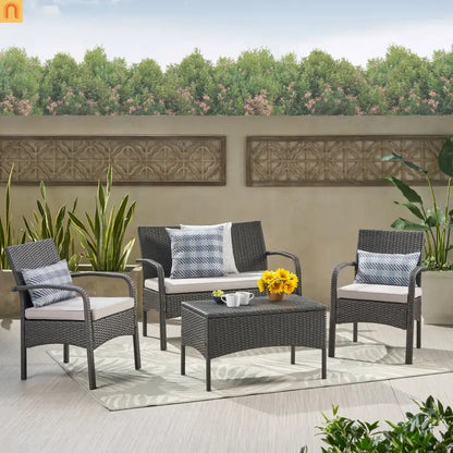 Outdoor Chat Set PE Rattan Gray 4-Piece Waterproof Cushions