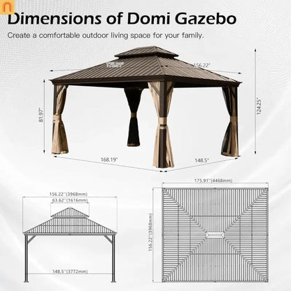 Outdoor Gazebo Hardtop Steel Brown 13x15ft Curtains Netting