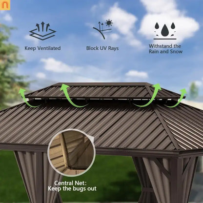 Outdoor Gazebo Hardtop Steel Brown 13x15ft Curtains Netting