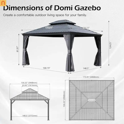 Hardtop Gazebo Steel Gray 13x15ft Curtains Netting 40MPH
