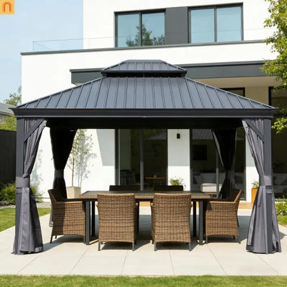 Hardtop Gazebo Steel Gray 13x15ft Curtains Netting 40MPH