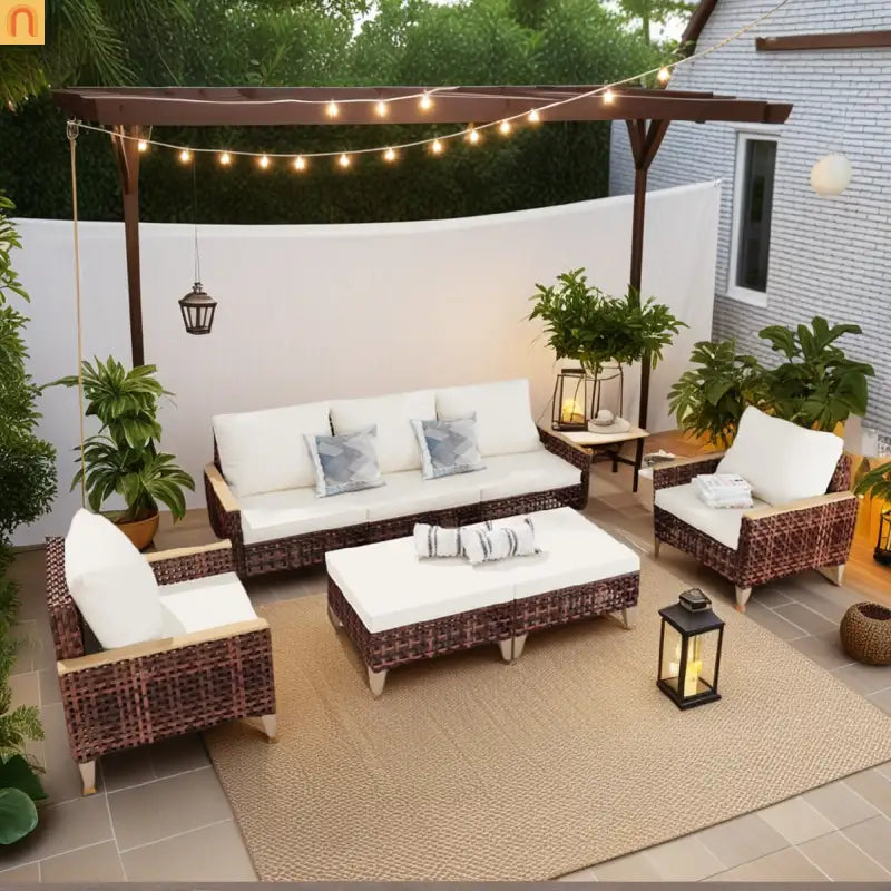 Outdoor Lounge Set Rattan White 7-Seat Modular with Footstool