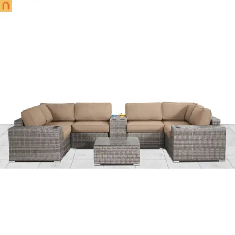 10 Piece Gray Wicker Outdoor Conversation Set 4 Person w Cushions