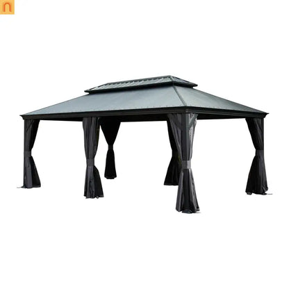 Outdoor Gazebo Hardtop Steel Dark Gray 12x20ft Netting Curtains