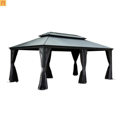 Outdoor Gazebo Hardtop Steel Dark Gray 12x20ft Netting Curtains