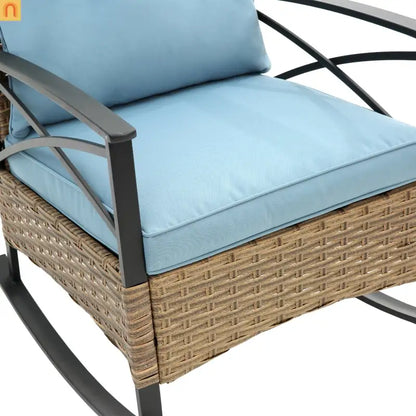 Outdoor Rocking Chair Set Rattan Steel Blue 3-Piece with Table