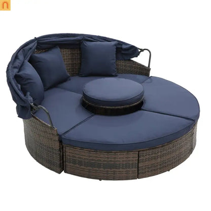 Outdoor Round Rattan Daybed Canopy Clamshell Navy Blue