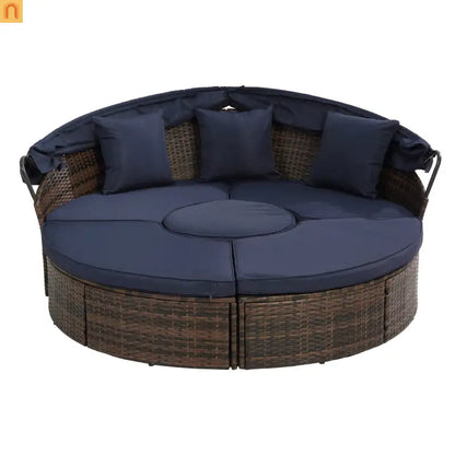 Outdoor Round Rattan Daybed Canopy Clamshell Navy Blue