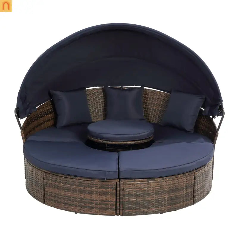 Outdoor Round Rattan Daybed Canopy Clamshell Navy Blue