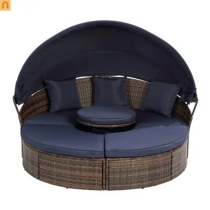 Outdoor Round Rattan Daybed Canopy Clamshell Navy Blue
