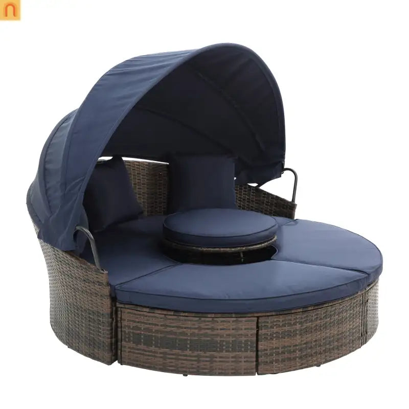 Outdoor Round Rattan Daybed Canopy Clamshell Navy Blue