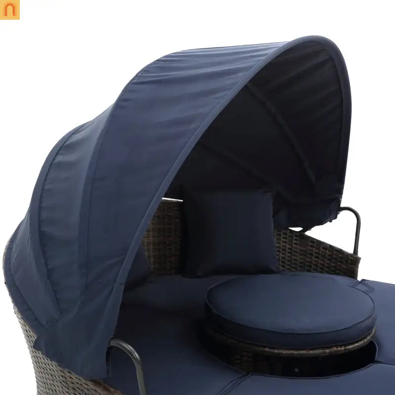Outdoor Round Rattan Daybed Canopy Clamshell Navy Blue