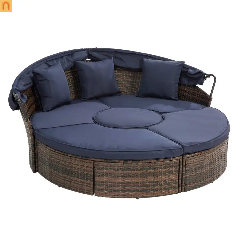 Outdoor Round Rattan Daybed Canopy Clamshell Navy Blue