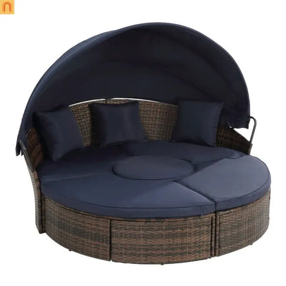 Outdoor Round Rattan Daybed Canopy Clamshell Navy Blue