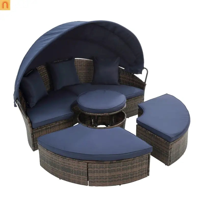 Outdoor Round Rattan Daybed Canopy Clamshell Navy Blue