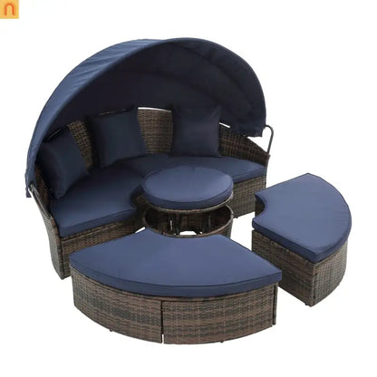 Outdoor Round Rattan Daybed Canopy Clamshell Navy Blue