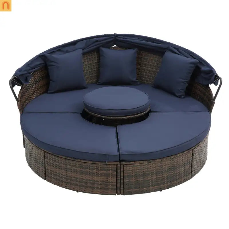 Outdoor Round Rattan Daybed Canopy Clamshell Navy Blue